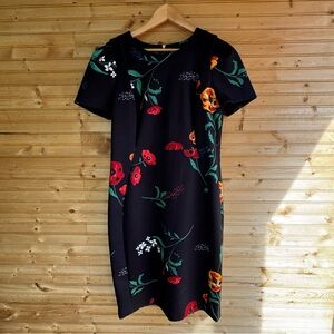 Calvin Klein Floral Black Dress, Short, Puffy Sleeves, Scuba Sheath Size 12